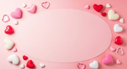 Heart shaped candy conversation hearts on pink background for love and Valentine's Day