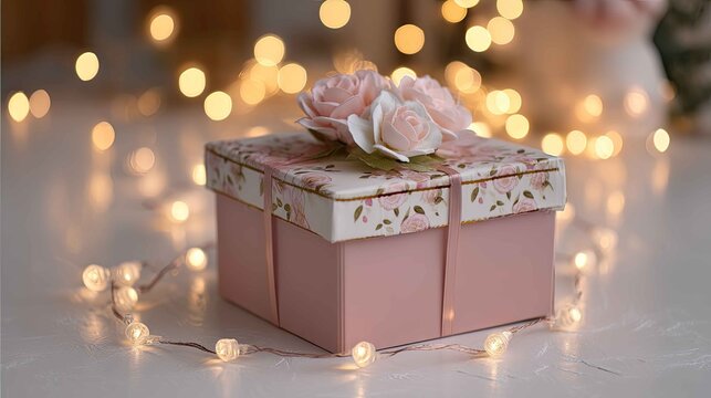 Elegant Gift Box with Flowers Surrounded by Soft Fairy Lights