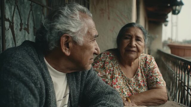 Elderly Hispanic couple relaxes on apartment balcony. Senior Latino man in sweater gazes thoughtfully ahead. Mature woman in floral dress sits warmly beside.