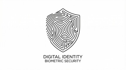Cybersecurity shield icon with biometric fingerprint and digital circuit board pattern, minimalist line art style