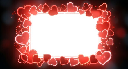 Red glowing hearts border frame love celebration romantic background neon light effect