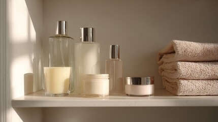 Skincare products and towels arranged neatly on a bathroom shelf