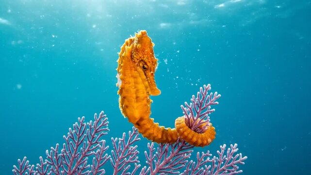 Seahorse wrapping tail around coral branch underwater