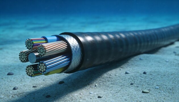 Detailed 3D render of a submarine communication and power cable cross-section resting on the ocean floor.