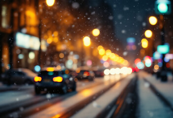 Fototapeta premium Blurred Night City Traffic and Street Lights in Heavy Winter Snowfall