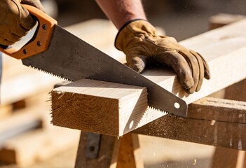 Closeup of a person wearing leather gloves sawing lumber with a handsaw, creating sawdust.