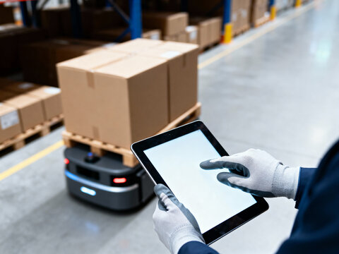 A worker using a tablet controls an autonomous robot transporting a package through a modern warehouse facility.