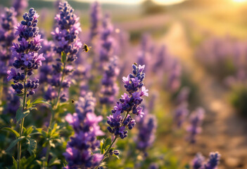 Obraz premium Golden Hour Light on Purple Lavender Field with Bees Pollinating Flowers
