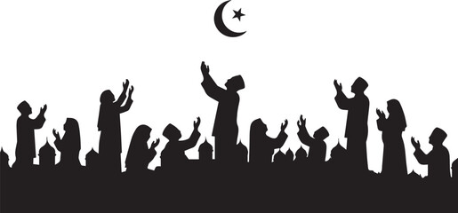 Obraz premium Muslim People Praying Under Crescent Moon Islamic Worship Silhouette Vector