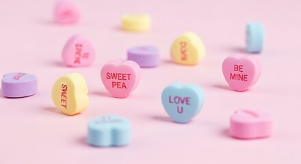 Colorful Conversation Heart Candies with Love Messages on Pink Background