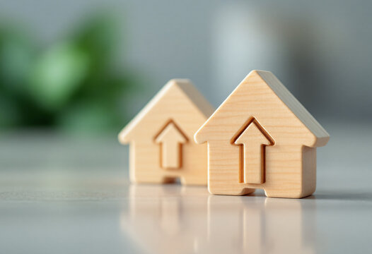 Conceptual image of the rising real estate market symbolized by wooden houses with upward arrows.