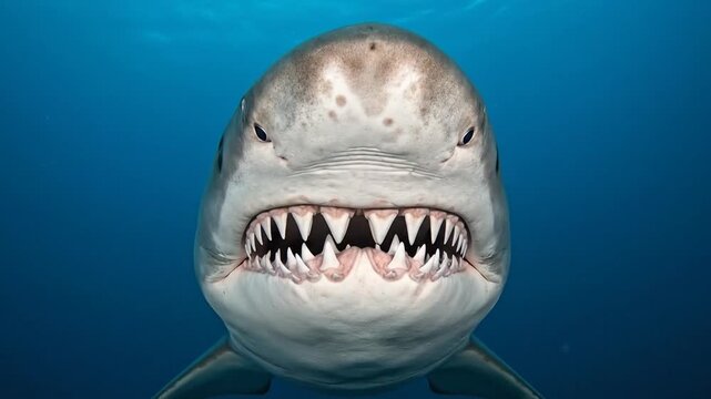 Shark shows teeth while yawning underwater close-up