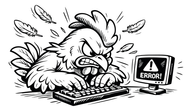 Hand drawn line art illustration of an angry chicken depicting frustration with a computer error for technology issues