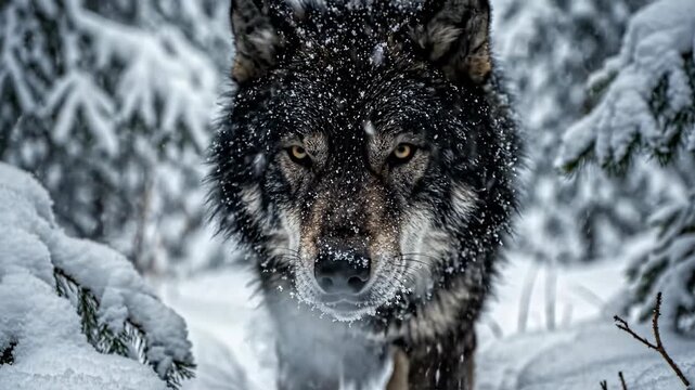 Intensely focused pure black wolf pauses in the dense snow covered underbrush, staring directly into the camera with piercing yellow eyes during snowfall undergrowth, close up, power