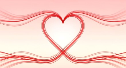 Red love heart shape with elegant flowing ribbons on soft pink gradient background