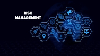 Risk management concept with blue hexagons and on dark background