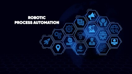 Robotic process automation concept with blue hexagons and on dark background