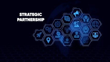 Strategic partnership concept with blue hexagons and on dark background business