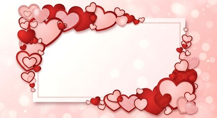 Heart shaped frame of red paper hearts on pink glitter background for love celebration