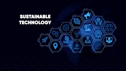 Sustainable technology concept with blue hexagons and on dark background