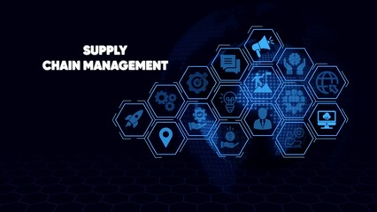 Supply chain management concept with blue hexagons and