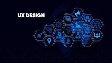 U X concept with blue hexagons and on dark background