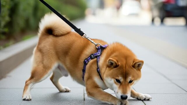Shiba Inu Dog Refusing to Walk on Urban Sidewalk
