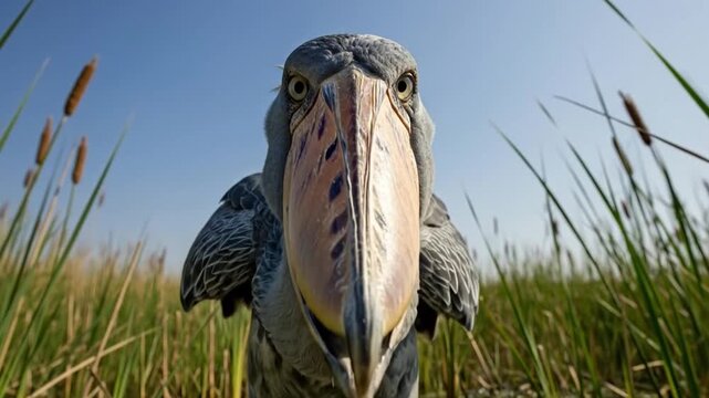 Shoebill stork standing in swamp reeds staring