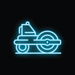 Blue neon sign of a road roller constructing the road surface, perfect for representing road construction