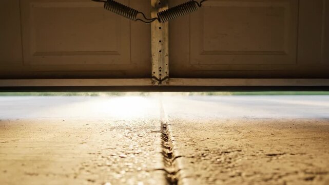Interior view looking out from a dimly lit garage showing the overhead door mechanism and the bright daylight streaming in through the small gap at the bottom edge shadow, concrete, improvement