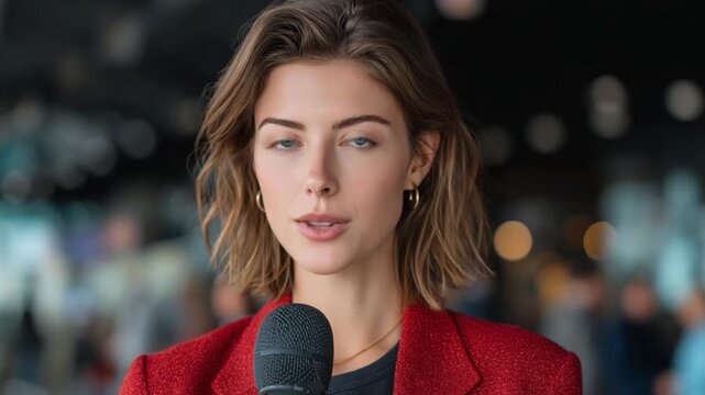 Breaking News: A captivating journalist delivers a live report, her composed demeanor and stylish attire radiating professionalism. Her focused gaze draws you in.