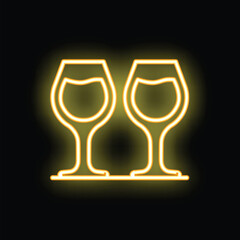Obraz premium Neon sign of two wine glasses glowing yellow on black background