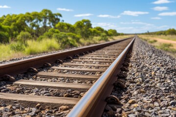 Naklejka premium Railway Tracks Extending Through Open Landscape in Bright Daylight Scene