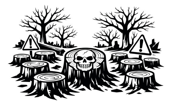 Graphic illustration of a skull on a tree stump depicting deforestation and environmental danger for conservation awareness