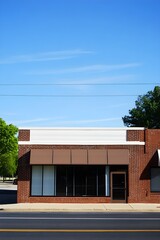 Red brick office building with brown awning and large windows