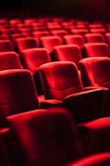 Fototapeta premium Rows of empty red cinema seats with atmospheric light