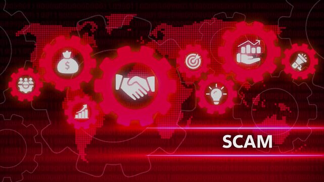 Global Scam Alert with Red Warning Icons and World Map Background