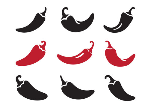 Chili pepper icons set in black and red colors representing spicy food and hot seasonings for culinary designs