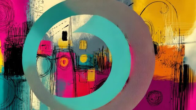 Abstract composition with colorful blocks, lines, and scribbles. A modern, vibrant expression