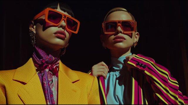 Two fashionable women wearing bold colorful outfits in studio lighting. Dynamic pose movement express fashion duo concept, diversity, creativity and bold style for editorial and trend video visuals.