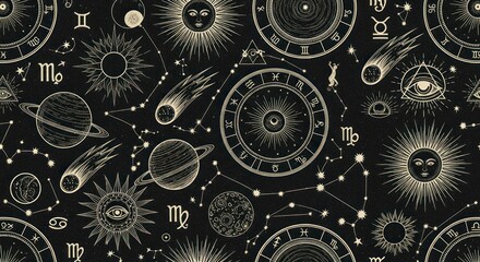 Vintage celestial pattern with astrological zodiac and cosmic symbols