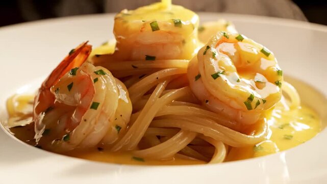 Intimate close-up showing rich buttery sauce dripping and pooling over the al dente spaghetti strands and freshly cooked shrimp creamy, macro, cooking