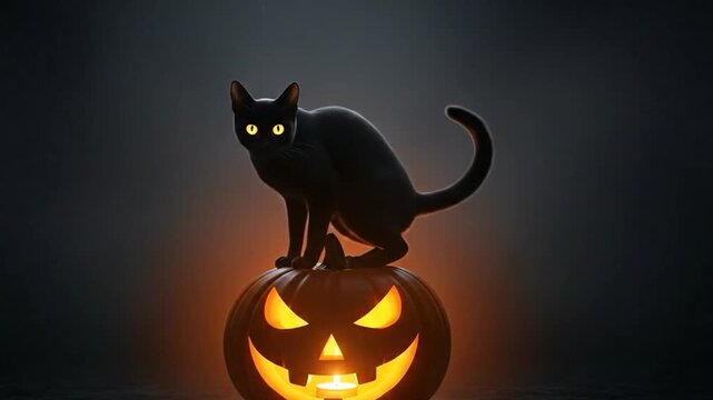 Black Cat Sitting on Jack-O-Lantern Halloween Theme