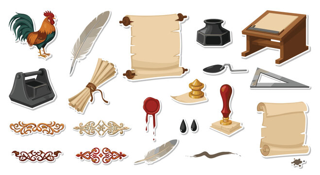 A collection of vintage stickers for scribes and calligraphers, featuring a rooster, quill pens, inkwells, scrolls, and wax seals.