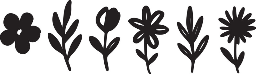 Hand drawn flower silhouettes set minimal botanical sketch vector