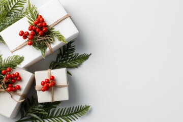 Holiday Gift Packages with Natural Decorations on White Background