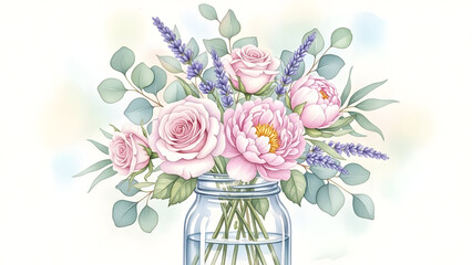 Obraz premium Watercolor Bouquet in Mason Jar – Pink Roses, Lavender, Eucalyptus