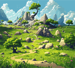 a sunny green landscape. A winding dirt path leads through a meadow filled with scattered grey rocks and lush trees. The background features unique rock formations under a bright blue sky © laurence