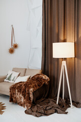 Obraz premium Cozy sofa with plush blanket and floor lamp in a warm room setting with soft light.