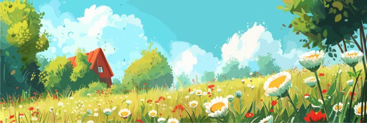 Fototapeten Türkis Panoramic cartoon vector illustration of a sunny Nordic summer landscape. A lush green meadow filled with blooming white daisies and wildflowers leads to a rustic red wooden cabin under a bright blue  © laurence